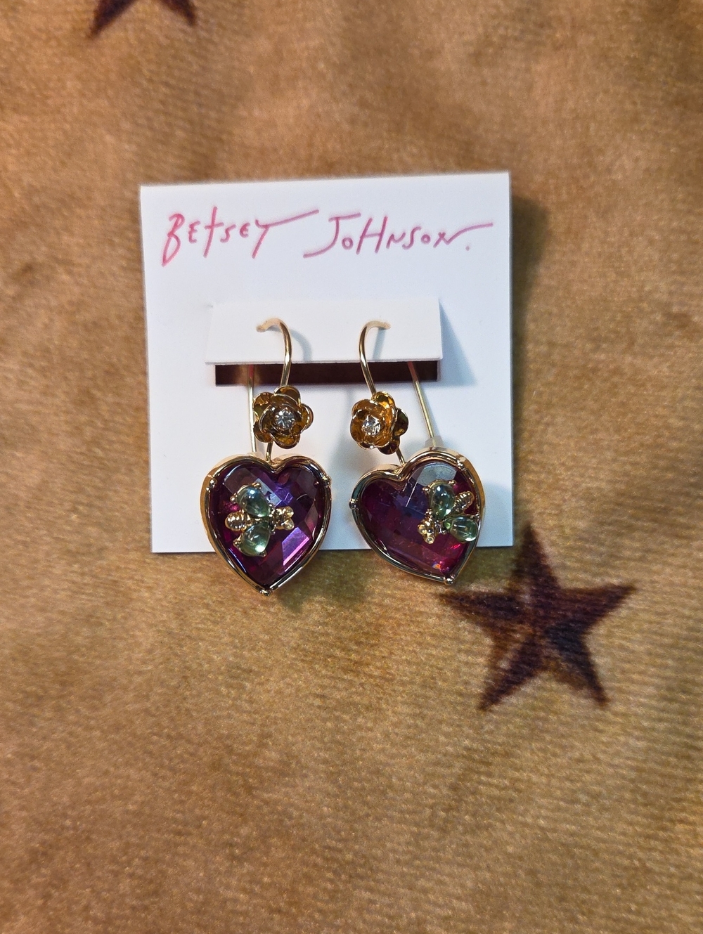 Betsey Johnson Gold and Purple Heart Drop Earrings with Accent Stones